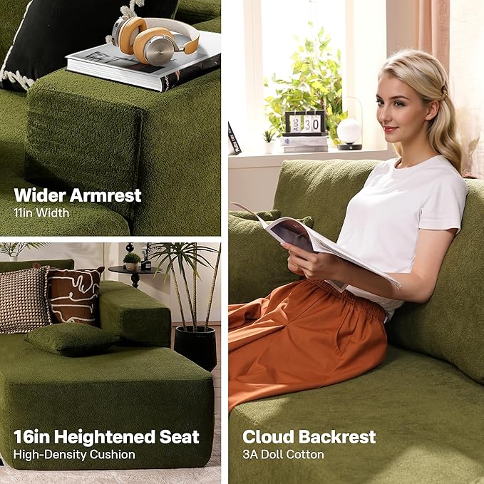 104" Cloud Sectional Couches for Living Room,L Shaped Boneless Couch in A Box,Sleeper Sofa with Comfy Chaise No Assembly Required,Green