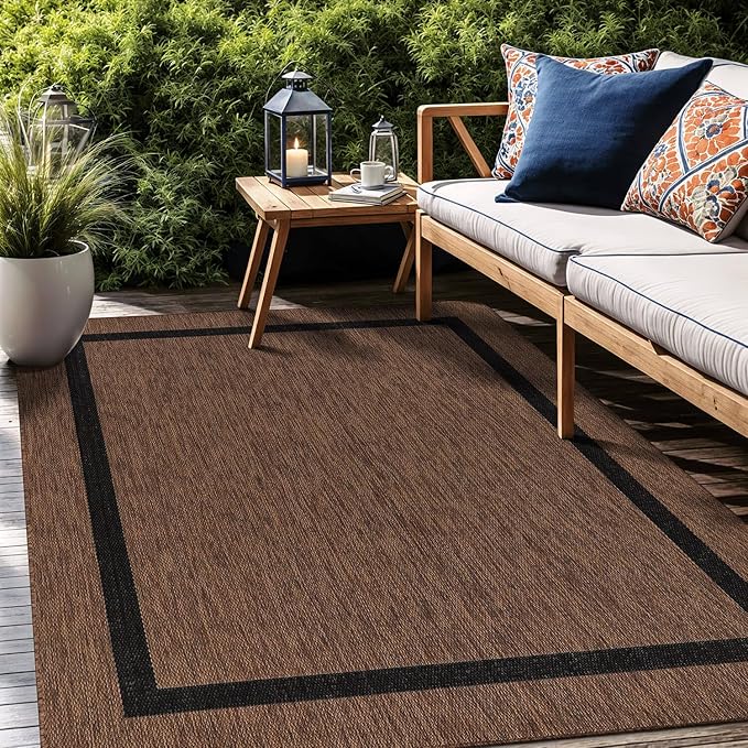 Bordered Outdoor Rug 8x10 Washable Outside Carpet for Indoor Patio Porch Waterproof Easy Cleaning Non Shedding Area Rugs Nut Brown - Black 8 x 10