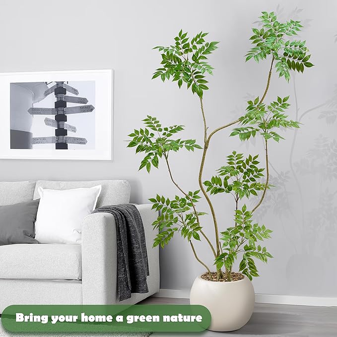 Artificial Mahonia Fortunei Tree 6ft,Tall Fake Plant Artificial Sumac Tree, Faux Plants Indoor Fake Plants Decor with Pots for Home Office Bathroom Bedroom Living Room Decorations Housewarming