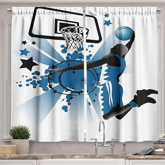 Ambesonne Teen Room Kitchen Curtains, Silhouette of Basketball Player Jumping Success Stars Illustration, Window Drapes 2 Panel Set for Kitchen Cafe Decor, 55" x 39", Blue Charcoal