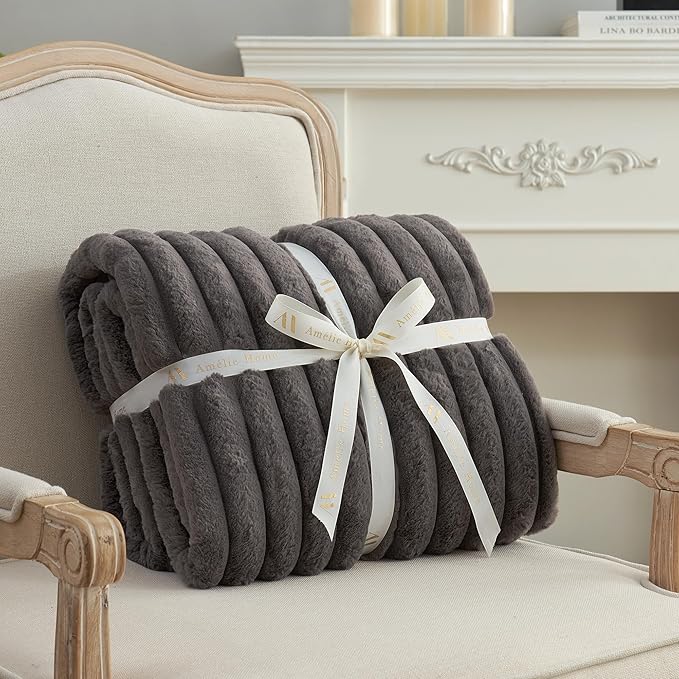 Amélie Home Faux Fur Throw Blanket for Couch, Cozy Fuzzy Fluffy Fur Luxurious Soft Striped Plush Gift Blankets for Family Sofa Chair Bed Living Room Bedroom, 60"x80", Charcoal Grey