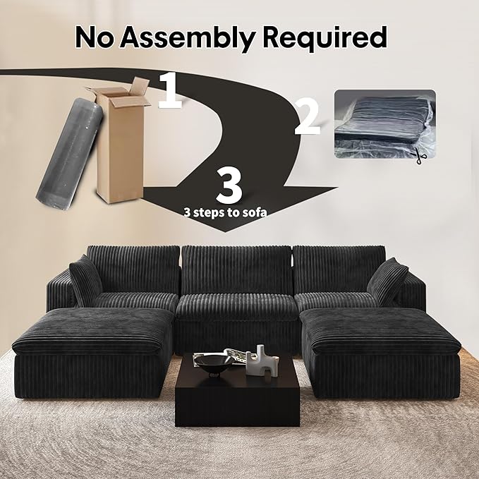 118" U Shaped Modern Sofa Modular Sectional Cloud Couch with 2 Ottoman,Upholstered Couches with Plush Corduroy Fabric for Living Room Furniture,Bedroom and Apartment,No Assembly Required,Black