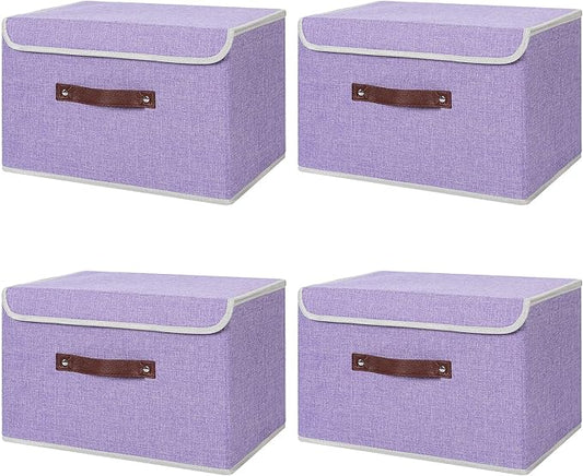ANMINY 4PCS Storage Bins with Lid PU Leather Handles Storage Boxes PP Plastic Board Decorative Foldable Lidded Cotton Linen Fabric Home Cubes Baskets Closet Organizer Containers - Purple, Large Size
