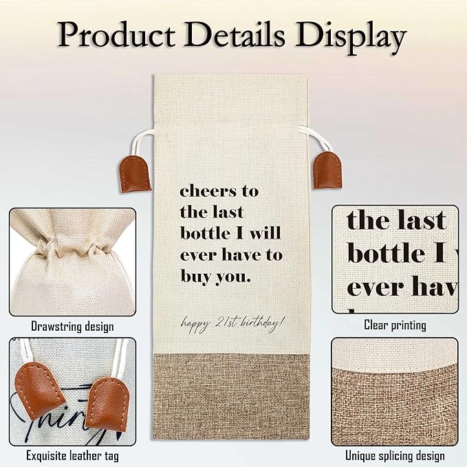 21th Birthday Wine Bag, Cotton Linen Wine Gift Bag With Drawstring, Wine Champagne Bottle Gift Bag, 21st Birthday Gifts Wine Bag for Woman Her Girl Friend Sister, 21th Birthday Party Favors-20