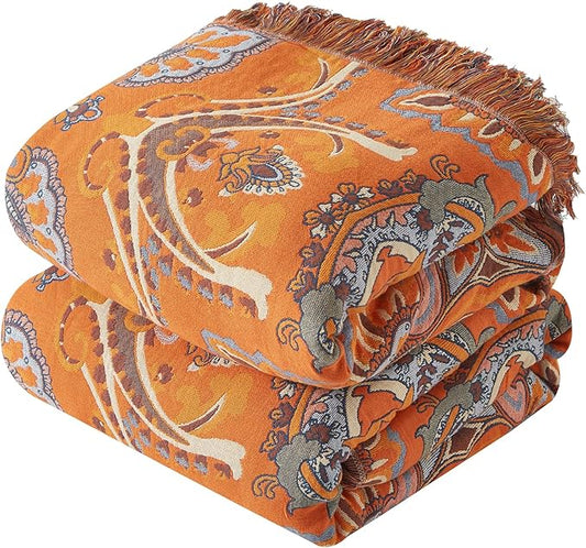 Boho Throw Blanket for Couch Sofa Bed, 100% Cotton Woven Quilt with Tassel 80”x90”, Super Soft Muslin Blanket with Oriental Universe Printed, Decorative Reversible Bed Blanket/Cover for All Seasons