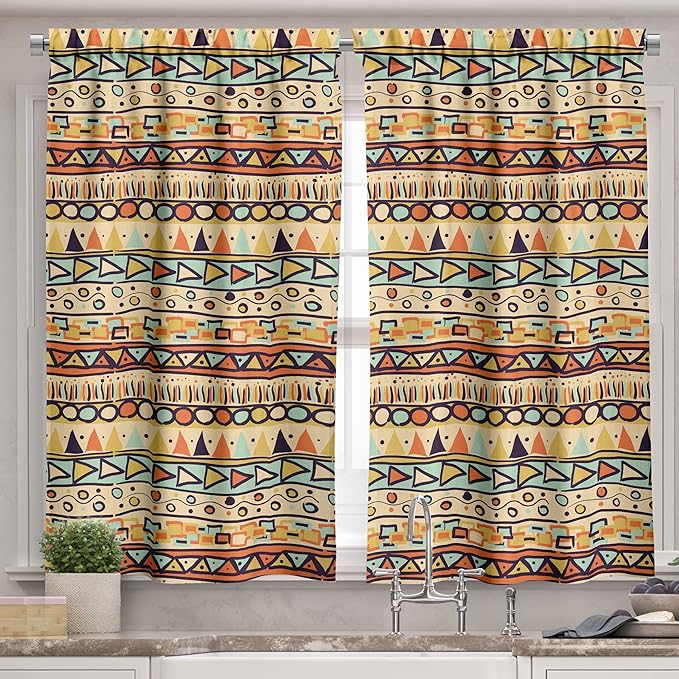 Ambesonne Prehistoric Valance & Tier Curtain 3 pcs Set, Mexican Style Doodles with Triangles Circles Folkloric Geometric Tribal, Window Treatments for Kitchen Room Decor, 55" x 30", Pastel Yellow