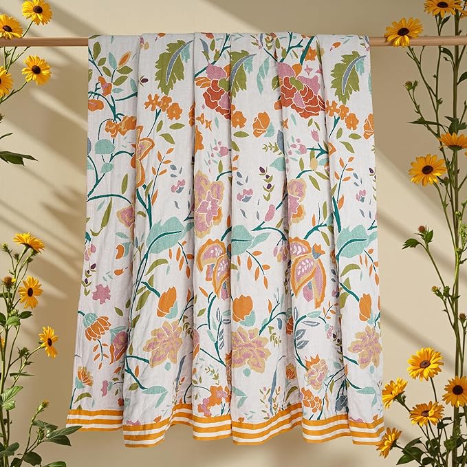 Boho Throw Blanket, 100% Organic Cotton Breathable Ultra Soft 91" x 98" Bed Quilt Throw - All Season Floral Rustic Farmhouse Decor Luxury Reversible Blanket for Sofa Couch Chair and Gift