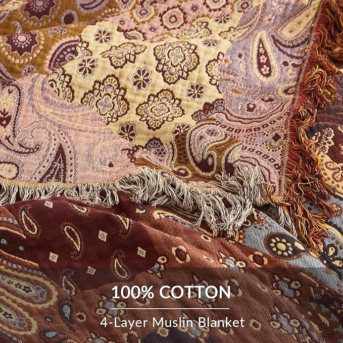 Boho Throw Blanket for Couch Sofa Bed, 100% Cotton Woven Quilt with Tassel 60”x80”, Super Soft Muslin Blanket with Patchwork Printed, Decorative Reversible Bed Blanket/Cover for All Seasons