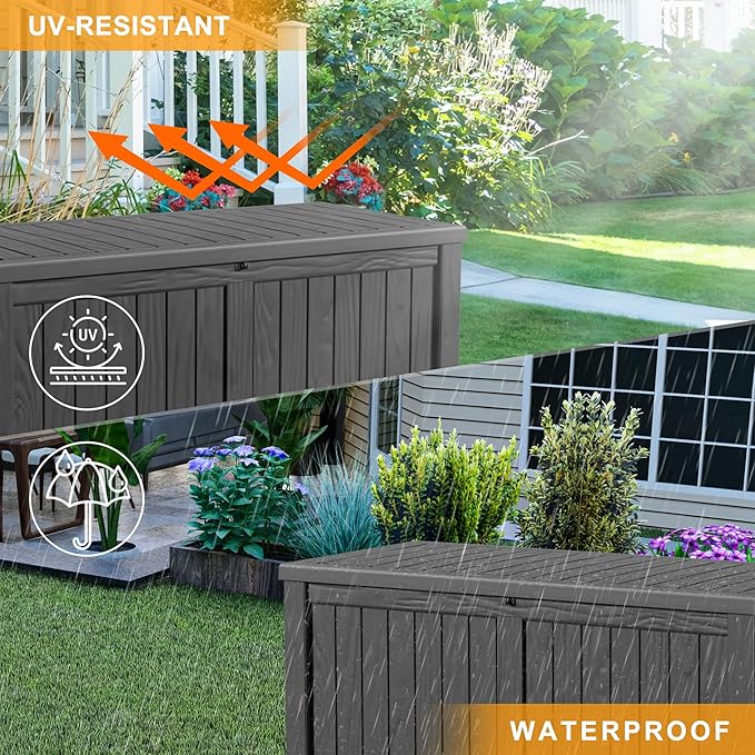 120 Gallon Outdoor Deck Box,Storage Lockable Waterproof Patio Furniture,Garden Tools,Cushions,Pool Accessories Outside Storage Resin Box(Black)
