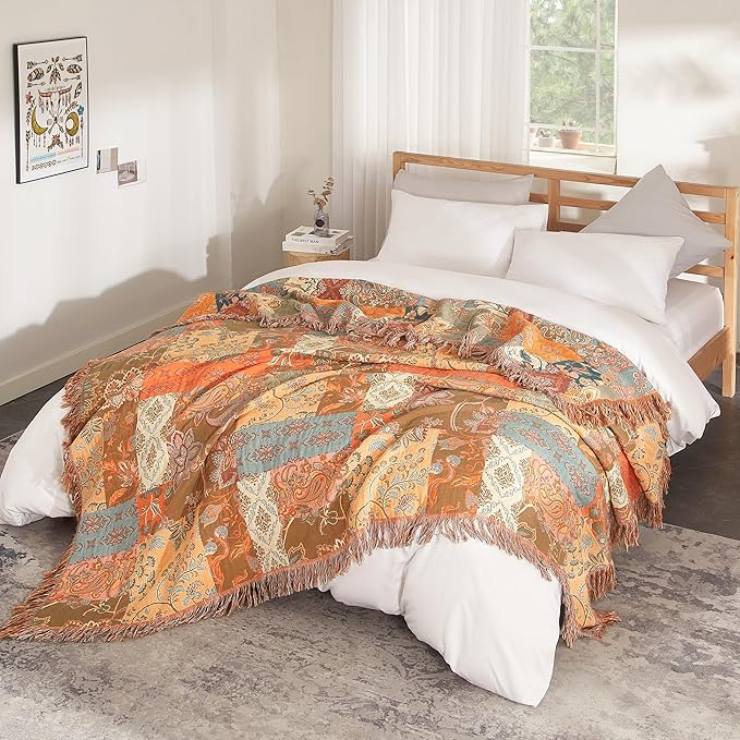 Boho Throw Blanket for Bed 80”x90”, 100% Cotton Woven Blanket for Couch Sofa, Ultra Soft 4-Layer Muslin Quilt with Patchwork Floral Printed, Farmhouse Bed Blanket/Cover for Living Room Decor