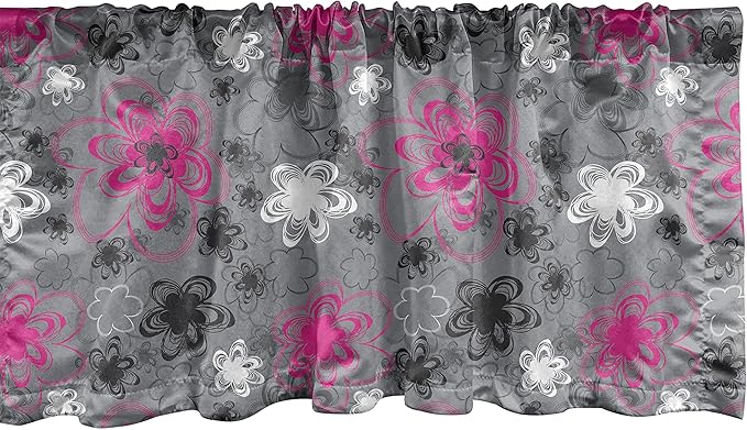 Ambesonne Vintage Floral Window Valance, Vibrant Colored Free Hand Drawing Style Blossoms Antique Retro, Curtain Valance for Kitchen Bedroom Decor with Rod Pocket, 54" X 12", Pink Black