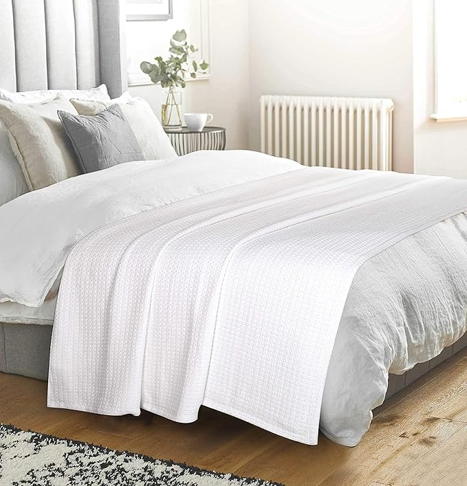BELIZZI HOME 100% Cotton Bed Blanket, Breathable Bed Blanket King Size, Cotton Thermal Blankets King, Perfect for Layering Any Bed for All Season, White