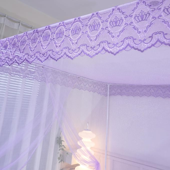 Bed Canopy, Princess Bed Curtain Net for Girls & Adults，Three-Doors Rectangle Lace Dome Netting (Purple, Queen)
