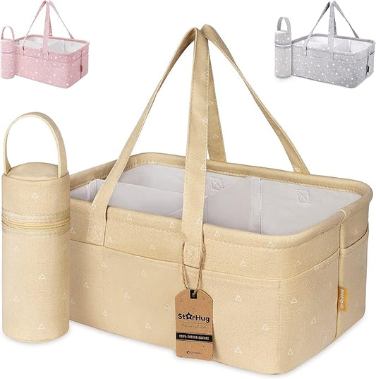 Baby Diaper Caddy Organizer - Baby Shower Basket | Large Nursery Storage Bin for Changing Table | Car Travel Tote Bag | Newborn Registry Must Have | Bonus Bottle Cooler | Beige