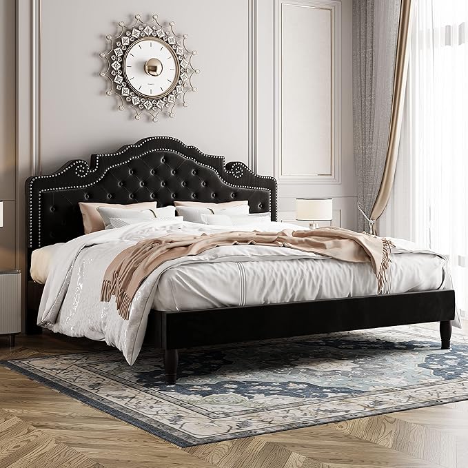 Allewie King Bed Frame with Adjustable Velvet Tiara Headboard, Upholstered Diamond Button Tufted Platform Bed, Wood Slats Support, No Box Spring Needed, Mattress Foundation, Easy Assembly, Black