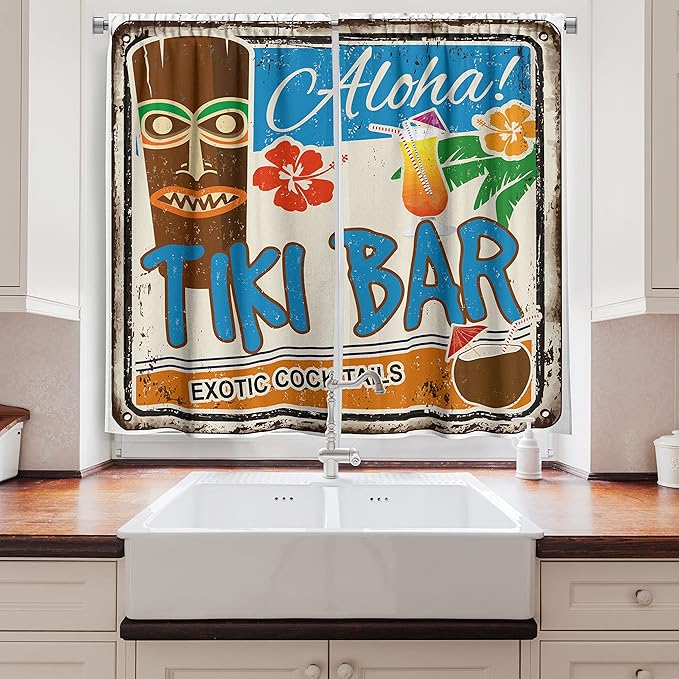 Ambesonne Tiki Bar Long Kitchen Curtains, Rusty Vintage Sign Aloha Exotic Cocktails and Coconut Drink Antique Nostalgic, Two Panels Drapes with Rod Pocket Room Decor, 55" x 45", Blue Brown