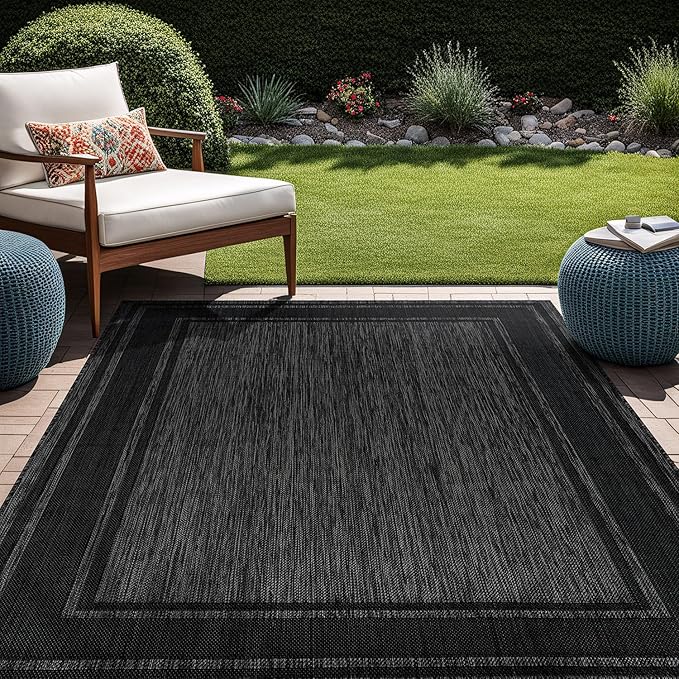 Beverly Rug Outdoor Rug 8x10 Modern Bordered Area Rugs for Indoor and Outdoor Patio Deck Porch Garden Waterproof Weather Sun Resistant Washable Outside Carpet (8 x 10 Black)