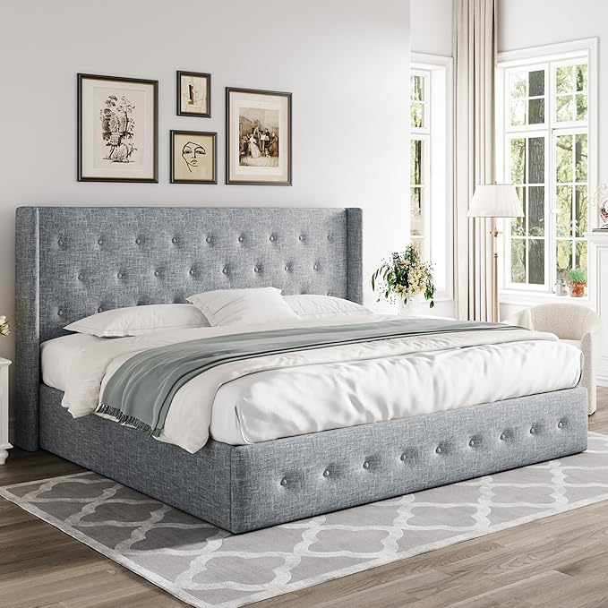 Allewie King Size Lift Up Storage Bed, Button Tufted Headboard with Wingback, Hydraulic Support, No Box Spring Needed, Grey Blue