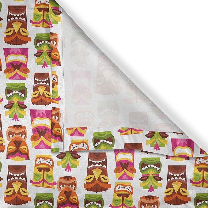 Ambesonne Tiki Bar Valance & Tier Curtain 3 pcs Set, Sixties Retro Inspired Hawaiian Party Happy Tiki Pattern Colorful, Window Treatments for Kitchen Room Decor, 55" x 36", White Brown