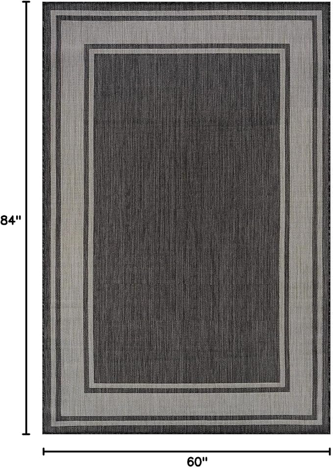 Beverly Rug Outdoor Rug 5x7 Modern Bordered Area Rugs for Indoor and Outdoor Patio Deck Porch Garden Waterproof Weather Sun Resistant Washable Outside Carpet (5 x 7 Dark Gray)