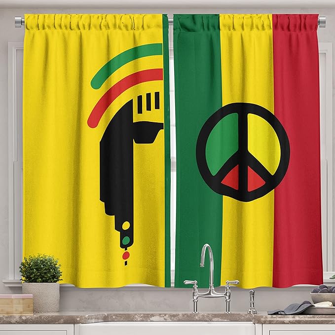 Ambesonne Rasta Long Kitchen Curtains, Iconic Barret Reggae and Jamaican Music Culture with Peace and Borders, Two Panels Drapes with Rod Pocket Room Decor, 55" x 45", Green Red
