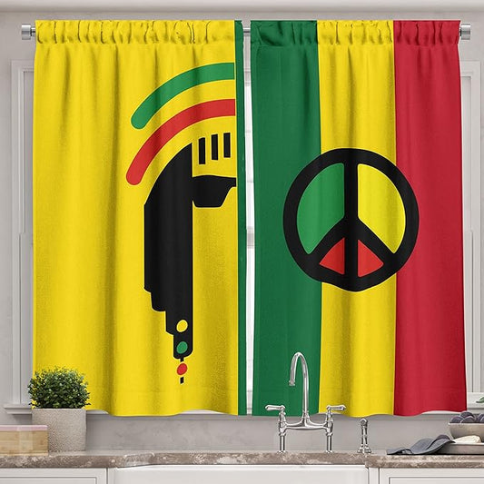 Ambesonne Rasta Long Kitchen Curtains, Iconic Barret Reggae and Jamaican Music Culture with Peace and Borders, Two Panels Drapes with Rod Pocket Room Decor, 55" x 45", Green Red