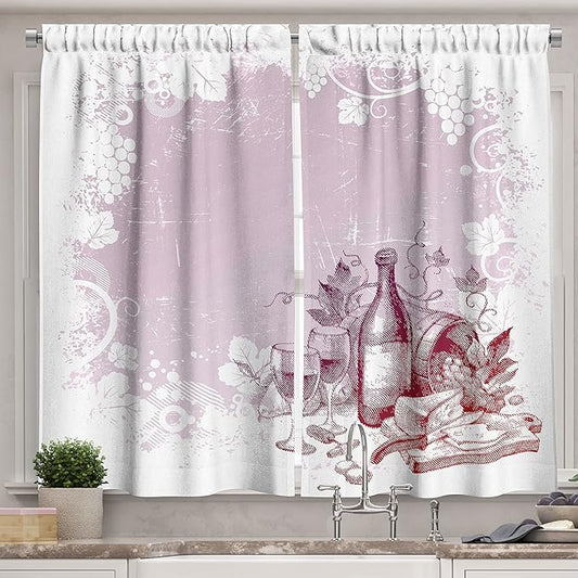 Ambesonne Wine Long Kitchen Curtains, Grunge Abstract Frame Bunch of Grapes Leaves Country Drinks Food Picnic Concept, Two Panels Drapes with Rod Pocket Room Decor, 55" x 45", Lilac White