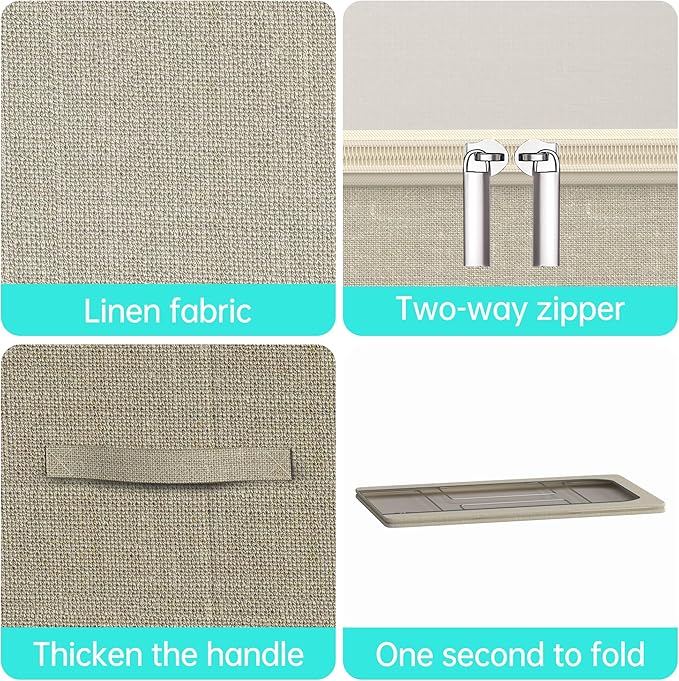 3PCS Under Bed Storage Bins with Metal Frame, Linen Fabric Frame Storage Box Clothes Organizer Bins, Underbed Container with Clear Window (Beige, 23.6 x 13 x 6IN)