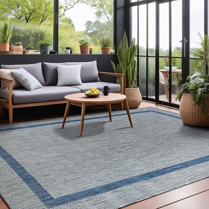 Bordered Outdoor Rug 8x10 Washable Outside Carpet for Indoor Patio Porch Waterproof Easy Cleaning Non Shedding Area Rugs Silver Gray - Blue 8 x 10