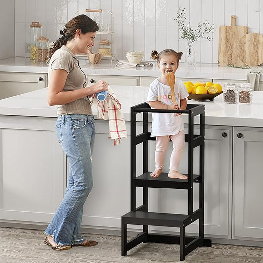 AMBIRD Toddler Step Stool, 3 Adjustable Height Kitchen Step Stool for 18-48 Months Kids, Wooden Toddler Kitchen Stool with Rail & Non-Slip Mat for Kitchen & Bathroom Sink (Black)