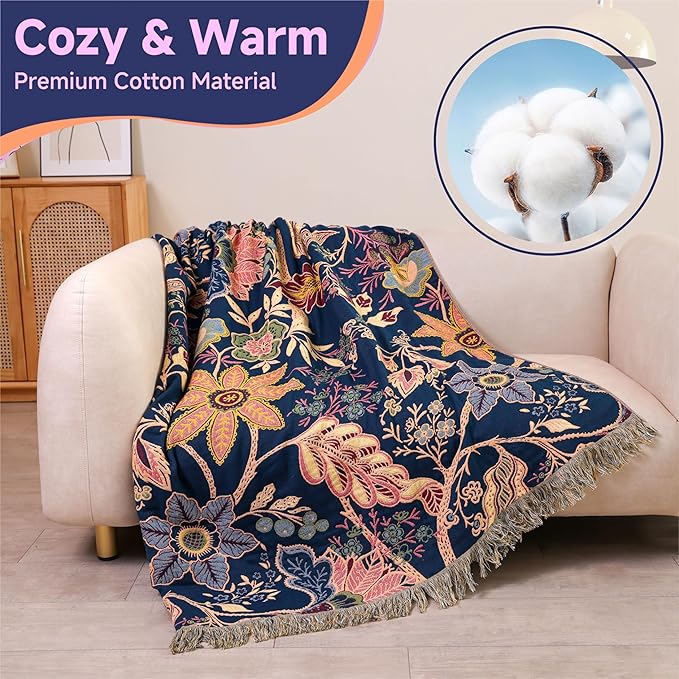 Boho Cotton Throw Blanket - Ultra-Soft Rustic Quilt for Bed, Home Decor & Travel - Large 90"x98" Muslin Blanket - All-Season Lightweight Bedspread & Throw for Women & Moms