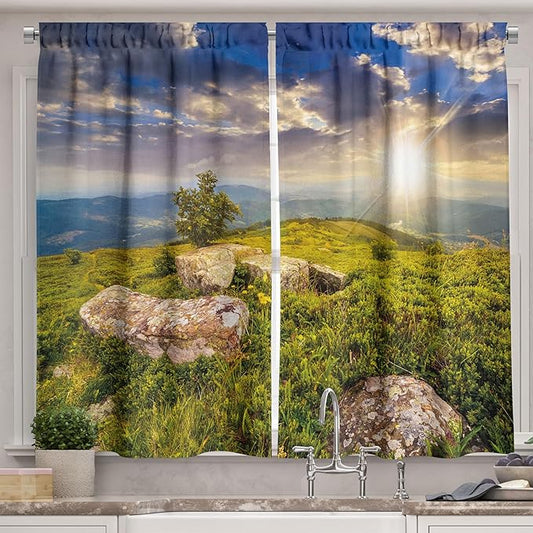 Ambesonne Mountain Kitchen Curtains, Small Tree Behind Boulders Hillside Grass Greenery Meadow Scenic Dramatic, Window Drapes 2 Panel Set for Kitchen Cafe Decor, 55" x 39", Mustard Green