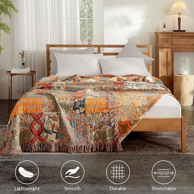 Boho Throw Blanket for Couch Sofa Bed, 100% Cotton Woven Quilt with Tassel 60”x80”, Super Soft Muslin Blanket with Floral Printed, Decorative Reversible Bed Blanket/Cover for All Seasons