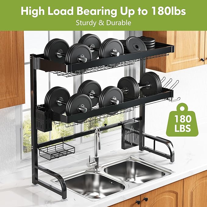 3 Tier Extra Large Stainless Steel Expandable Over The Sink Dish Drainer Drying Rack, Rust Proof Metal, Space Saving, Modern Black Big Capacity Extendable Plate Strainers Above Kitchen Counter