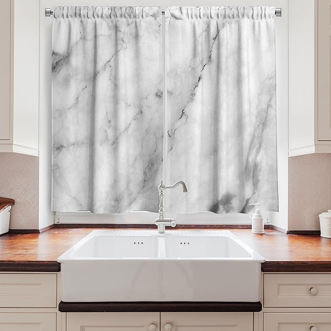 Ambesonne Marble Kitchen Curtains, Granite Surface Motif Sketch Nature Effect and Cracks Antique Style Image, Window Drapes 2 Panel Set for Kitchen Cafe Decor, 55" x 39", Dust White