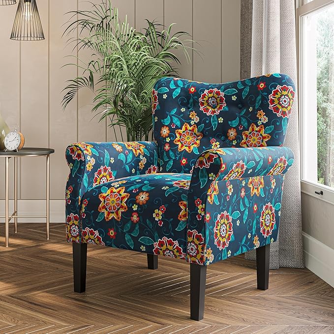 BELLEZE Modern Accent Chair for Living Room, High Back Linen Armchair with Wooden Legs, Upholstered Wingback Side Chair Padded Armrest Single Sofa for Living Room, Bedroom - Allston (Blue & Flower)