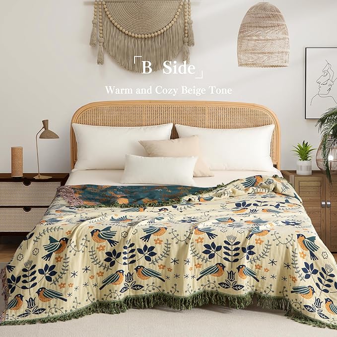 Boho Throw Blanket Queen Size, Oversized Soft Cozy Cotton Muslin Quilt Blanket for Bed Decor, Bird Patterned Couch Sofa Chair Cover, Vintage Farmhouse Cottage Woven Blanket, Green&Beige