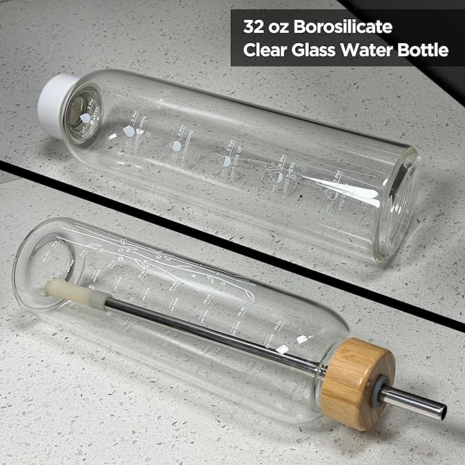 32 oz Motivational Glass Water Bottles with 2 Lids | Sports Water Bottle with Neoprene Sleeve and Adjustable Strap (White Plastic Lid and Bamboo Lid with Straw)