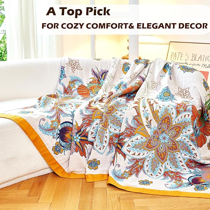 Boho Throw Blanket, 100% Organic Cotton Breathable Ultra Soft Bed Quilt Throw - All Season Floral Bird Butterfly Farmhouse Decor Blanket for Sofa Couch Chair and Gift. 60" x 80"