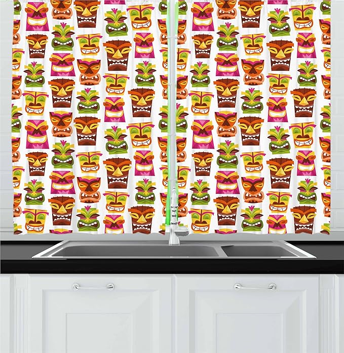 Ambesonne Tiki Bar Kitchen Curtains, Sixties Retro Inspired Hawaiian Party Happy Tiki Pattern Colorful, Window Drapes 2 Panel Set for Kitchen Cafe Decor, 55" x 30", White Brown