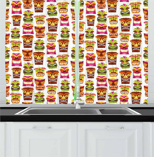 Ambesonne Tiki Bar Kitchen Curtains, Sixties Retro Inspired Hawaiian Party Happy Tiki Pattern Colorful, Window Drapes 2 Panel Set for Kitchen Cafe Decor, 55" x 24", White Brown