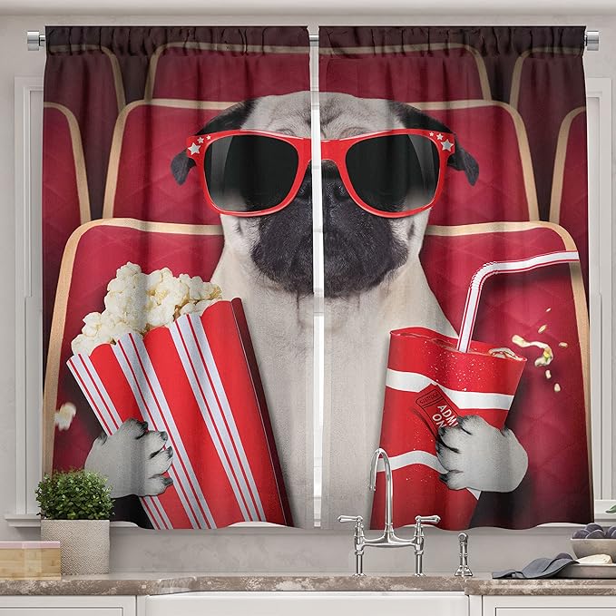 Ambesonne Pug Long Kitchen Curtains, Funny Dog Watching Movie Popcorn Soft Drink and Glasses Animal Photograph, Two Panels Drapes with Rod Pocket Room Decor, 55" x 45", Cream Ruby