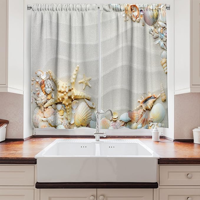 Ambesonne Starfish Long Kitchen Curtains, Seacoast with Sand with Colorful Various Seashells Tropics Aquatic Wildlife Theme, Two Panels Drapes with Rod Pocket Room Decor, 55" x 45", White Coral