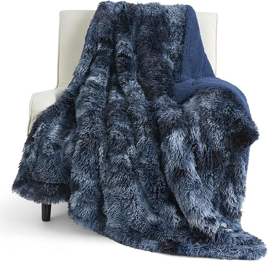 Bedsure GentleSoft Fuzzy Sherpa Faux Fur Twin Blanket Tie Dye Navy Cozy Gifts for Women Men, Soft Fleece Plush Warm Minky Thick Blanket Twin Size for Bed, Blue Room Decor Dorm Essentials Gifts, 60x80