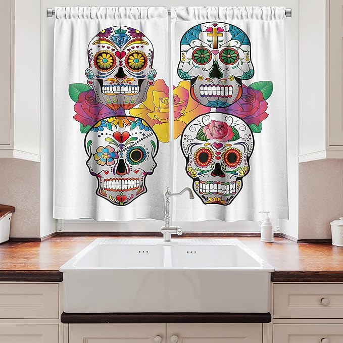 Ambesonne Sugar Skull Long Kitchen Curtains, Different Types of Skulls Rich and Colorful Ornaments Roses Border Carnival, Two Panels Drapes with Rod Pocket Room Decor, 55" x 45", Rainbow