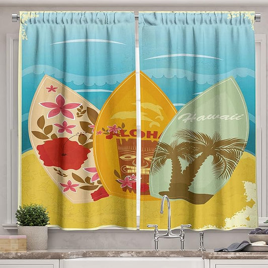 Ambesonne Tiki Bar Kitchen Curtains, Hawaiian Beach Surfboards on The Sand Exotic Summer Vacation Sport Vintage Style, Window Drapes 2 Panel Set for Kitchen Cafe Decor, 55" x 39", Blue Mustard