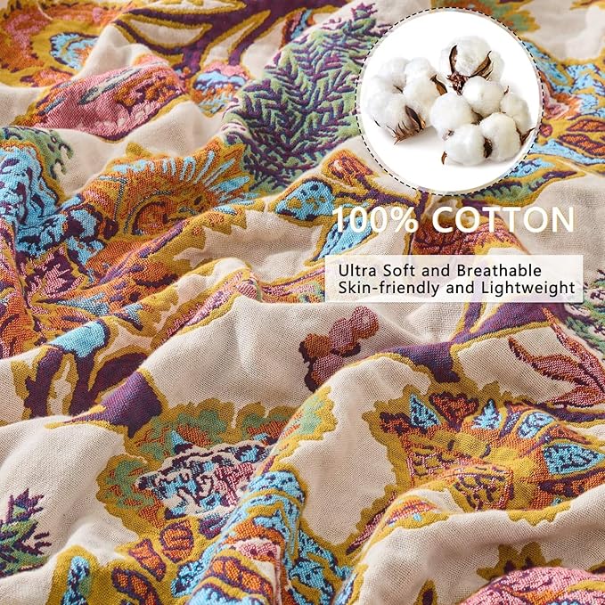 Boho Throw Blanket for Bed, Sofa,Cozy Lightweight Fall Blanket,100% Cotton Southwestern Farmhouse Floral Decor, Reversible Rustic Blanket, Chair, Picnic Throw Blanket,50"x60"