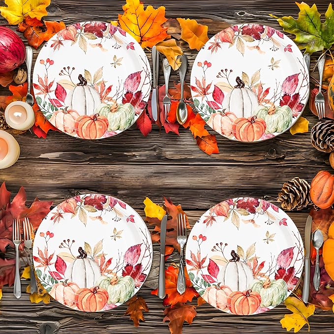 AllReal Fall Pumpkins Paper Plates Rustic Pumpkin Leaves Disposable Party Plate 7" Thanksgiving Autumn Dessert Plate for Birthday Baby Shower Party Supplies Table Decor (48)