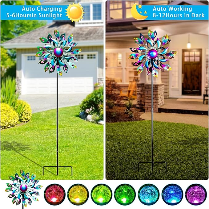 51.9" Peacock Solar Wind Spinner Outdoor Decor – Waterproof LED Lighted Garden Art with Adjustable Metal Pole, IP65 Weather Resistant for Yard, Patio