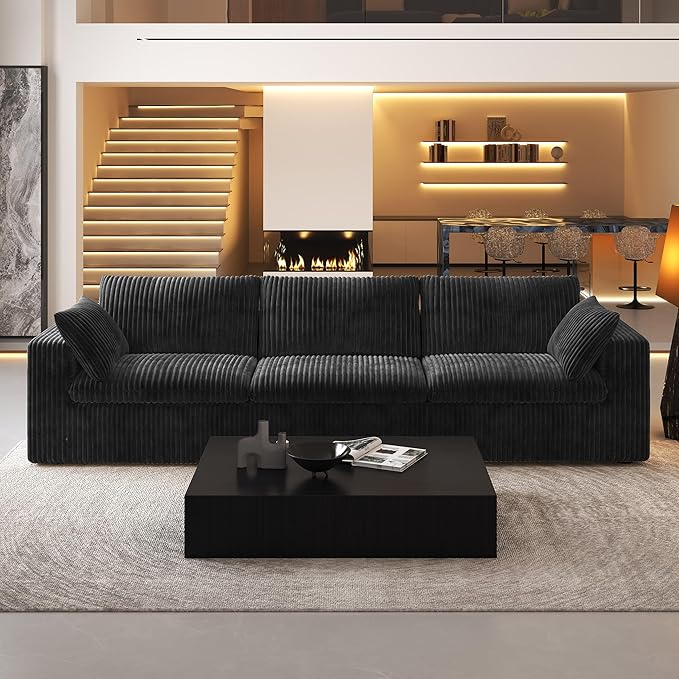 118" 3-Seater Cloud Sofa,Modular Sectional Couch,Modern Deep Seat Upholstered Couches with Plush Corduroy Fabric for Living Room Furniture,Bedroom and Apartment,No Assembly Required,Black